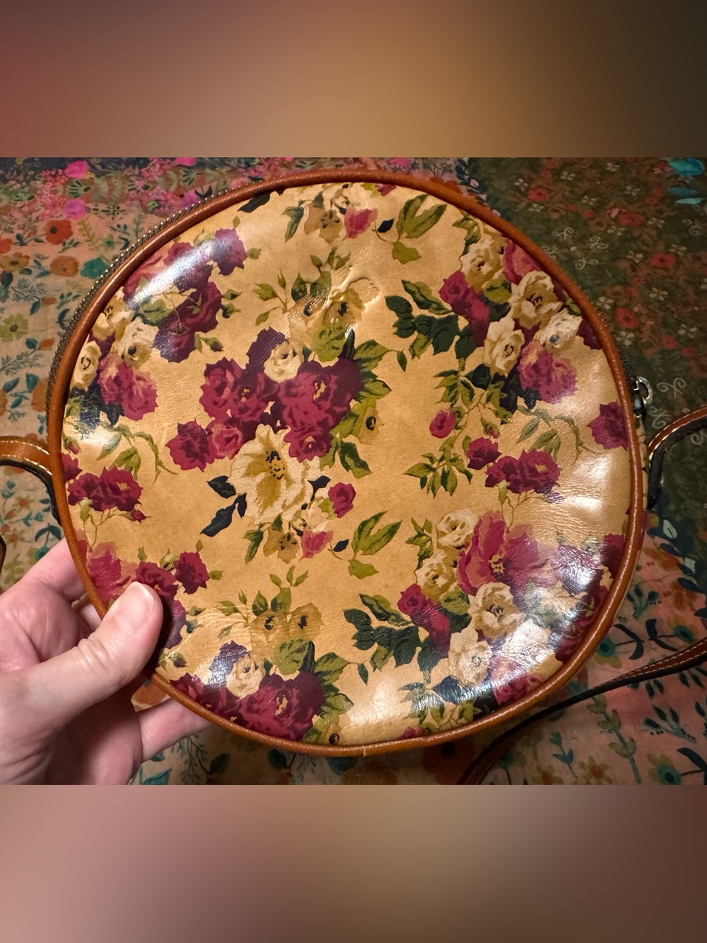 Patricia Nash Floral Round Crossbody Bag in Tan and Burgundy